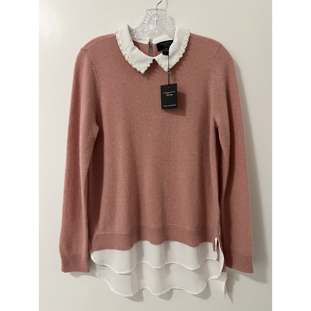 Charter Club Luxury Pink 100% Cashmere Embellished Collar Layered Sweater S NEW